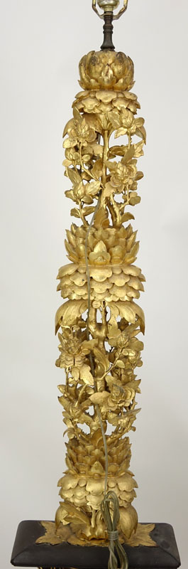 Large 19/20th Century Chinese Heavy Carved Gilt Wood and Black Painted Temple Candle Holder Mounted as Lamp.