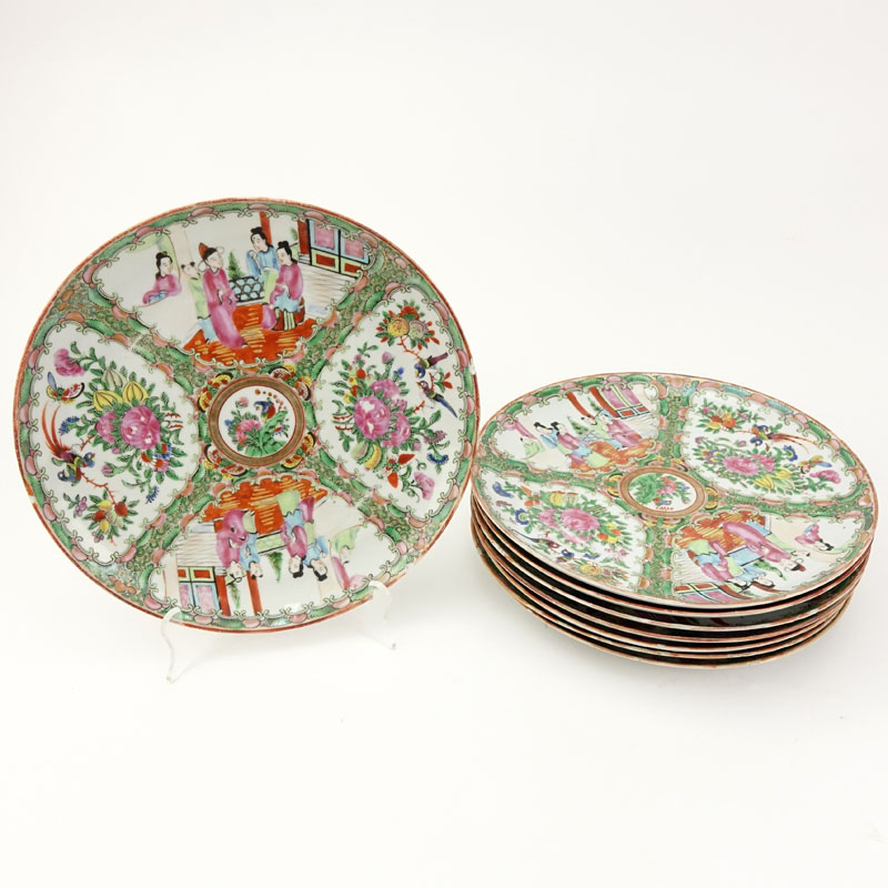 Set of Eight (8) Chinese Export Porcelain Rose Medallion Dinner Plates.