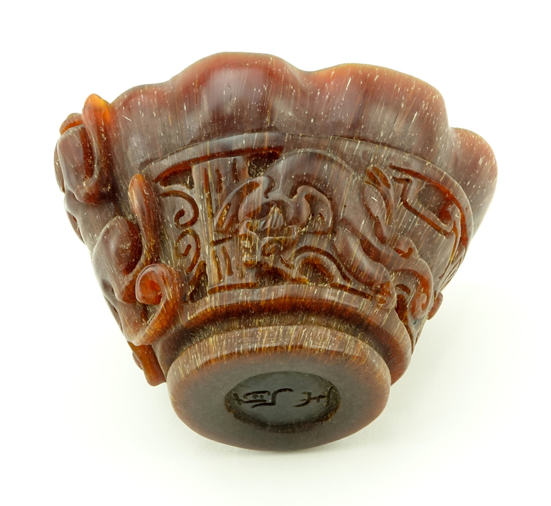 19/20th Chinese Carved Horn or Resin Libation Cup along with Tibetan Stoneware Beaded Prayer Necklace.