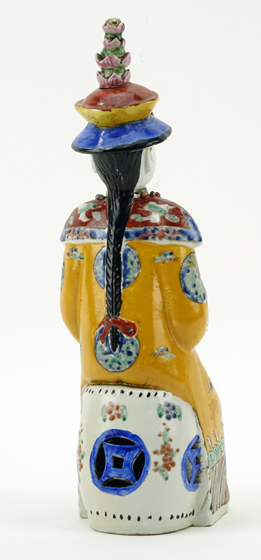 Early to Mid 20th Century Chinese Hand Painted Pottery Seated Emperor Figurine.