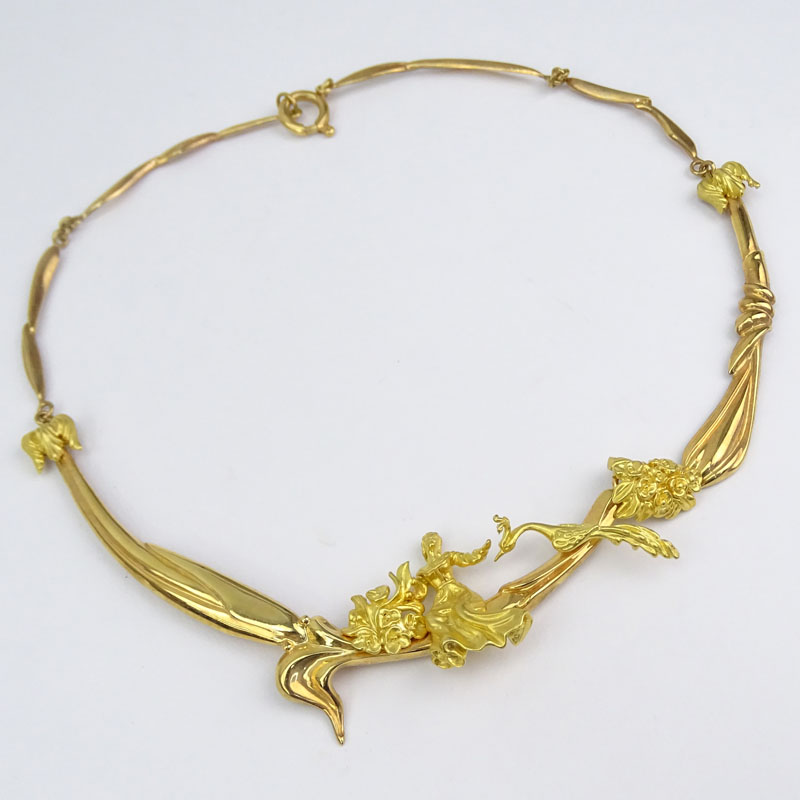 Vintage Italian Art Nouveau style 14 Karat Yellow Gold Necklace and Ring Suite.