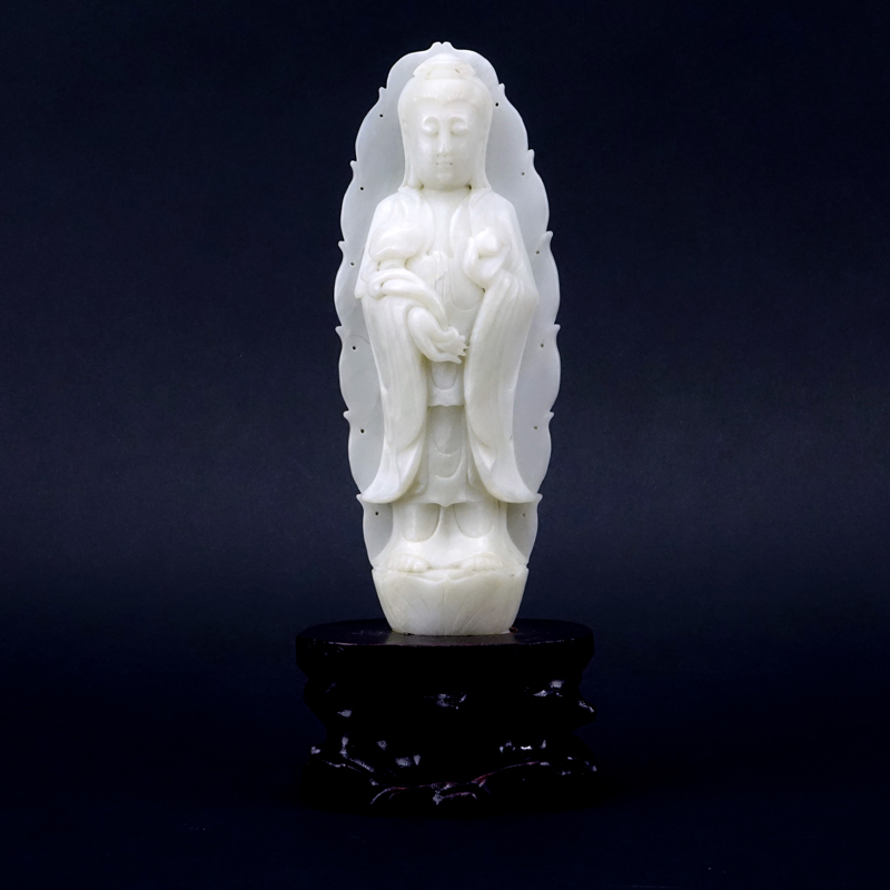 19/20th Century Chinese Carved White Jade Figurine of Guanyin on Wooden Base.