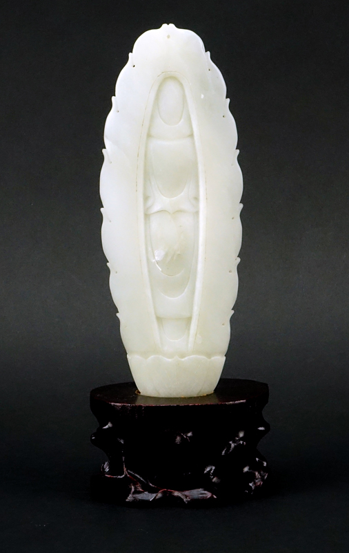 19/20th Century Chinese Carved White Jade Figurine of Guanyin on Wooden Base.