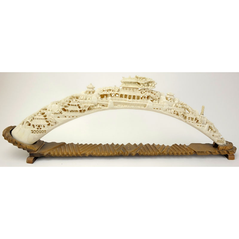 Vintage Chinese Faux Ivory Decorative Tusk Bridge On Stand.