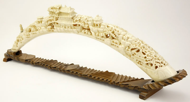 Vintage Chinese Faux Ivory Decorative Tusk Bridge On Stand.