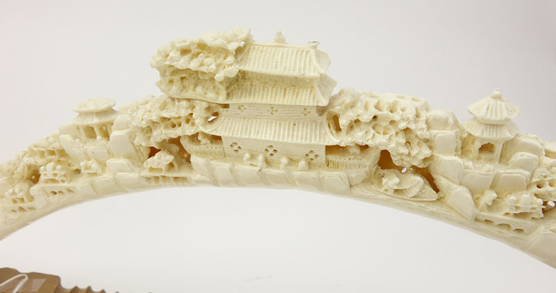 Vintage Chinese Faux Ivory Decorative Tusk Bridge On Stand.