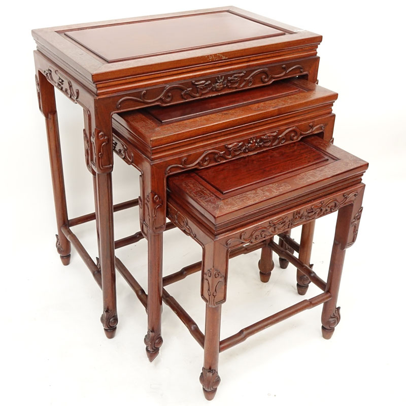 Vintage Chinese Carved Hardwood Nesting Tables.