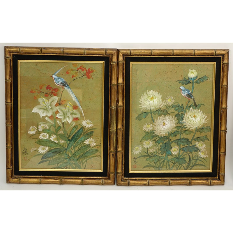 Pair of Chinese Watercolor "Birds" Painting on Cork Paper. 