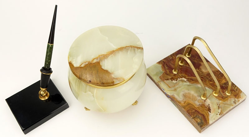 Three Onyx Desk Accessories. Includes lidded jar with gilt metal mountings.