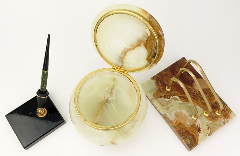 Three Onyx Desk Accessories. Includes lidded jar with gilt metal mountings.