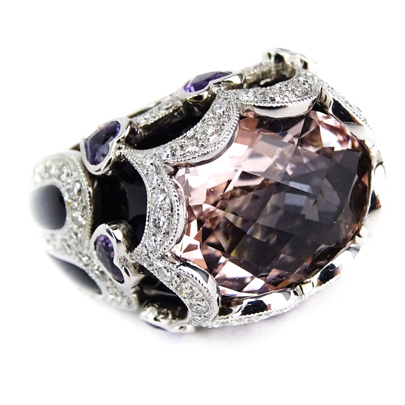 Oval Criss Cross Cut Morganite, Diamond, Amethyst, Onyx and 18 Karat White Gold Ring. 