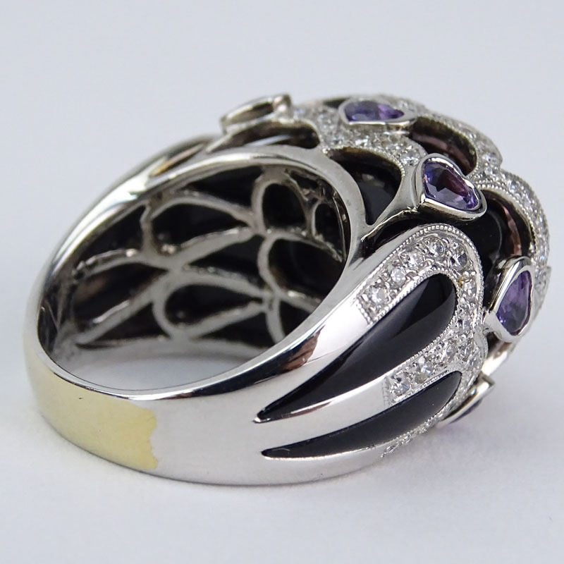 Oval Criss Cross Cut Morganite, Diamond, Amethyst, Onyx and 18 Karat White Gold Ring. 