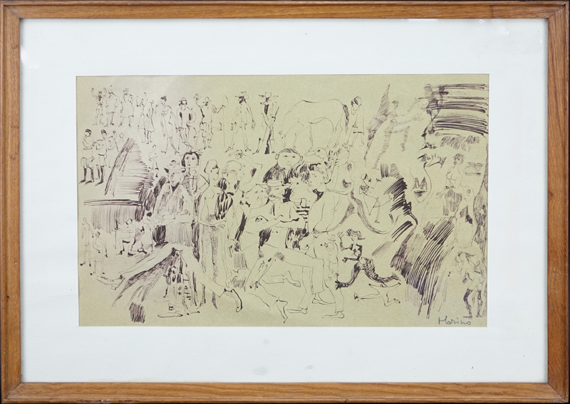 Mid-Century Italian School Ink On Paper "Horse In A Crowd" Bears signature Marino lower right. 