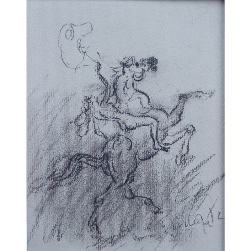 European School Pencil and Charcoal on textured gray paper "Surrealist Nude Female On Horse". 