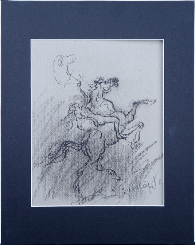 European School Pencil and Charcoal on textured gray paper "Surrealist Nude Female On Horse". 