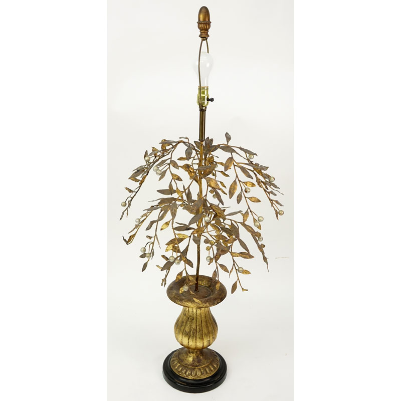 Large Mid Century Gilt Floral Tole Lamp.