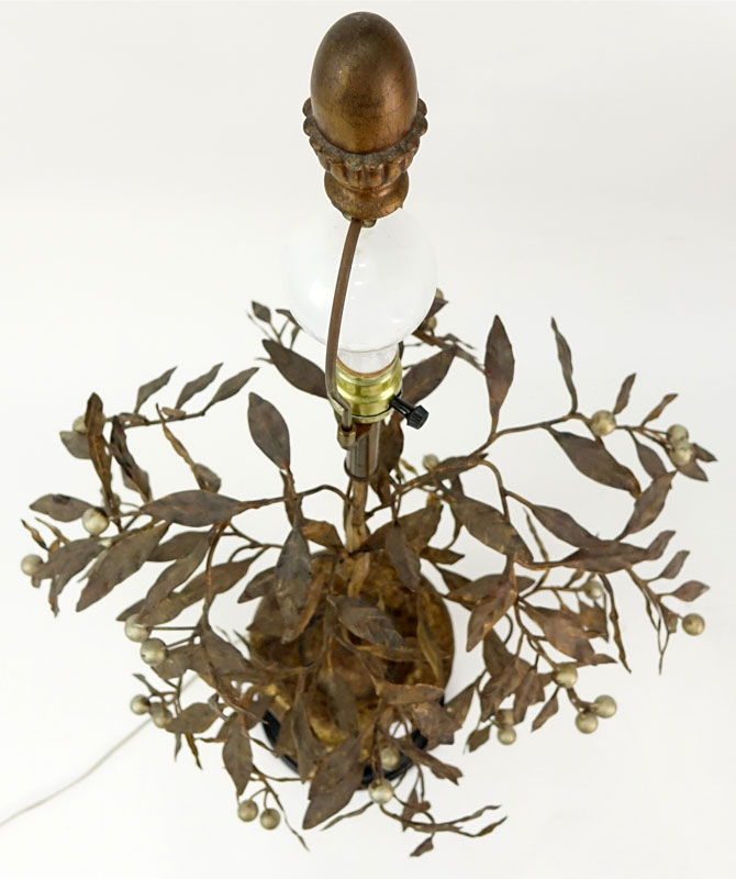 Large Mid Century Gilt Floral Tole Lamp.