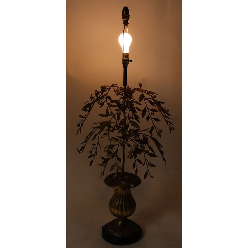 Large Mid Century Gilt Floral Tole Lamp.