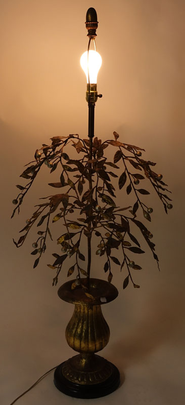 Large Mid Century Gilt Floral Tole Lamp.