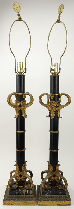 Pair of Neoclassical Style Gilt and Patinated Metal Lamps.