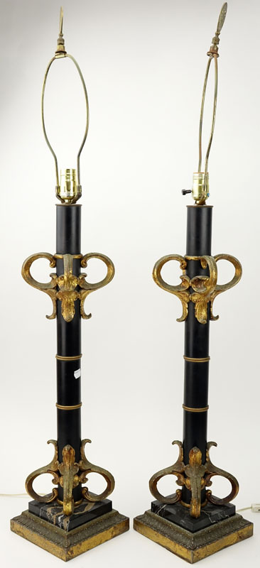 Pair of Neoclassical Style Gilt and Patinated Metal Lamps.