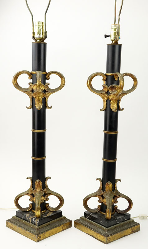 Pair of Neoclassical Style Gilt and Patinated Metal Lamps.