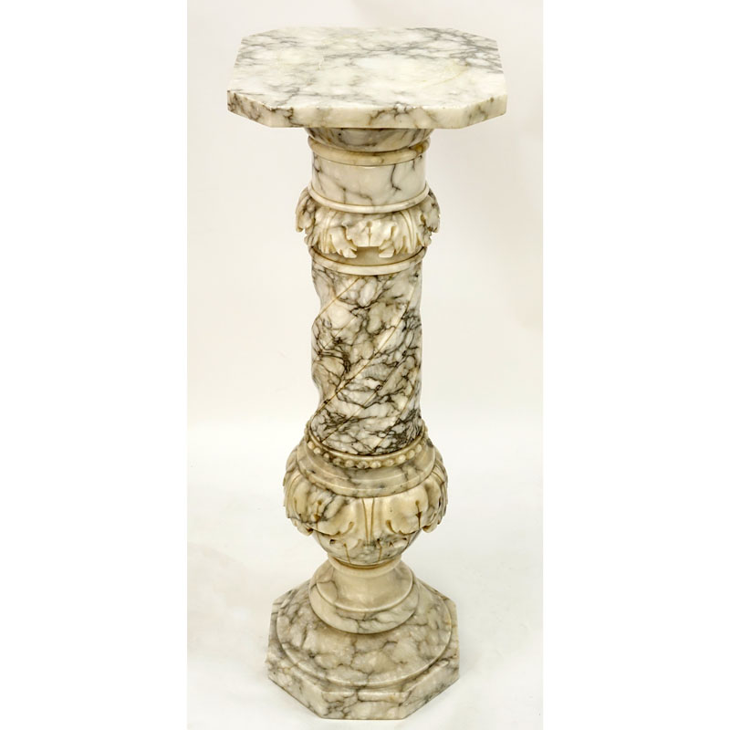 Antique Italian Carved White Marble Pedestal. Nicks to top, stains, and glue residue beneath top surface. 