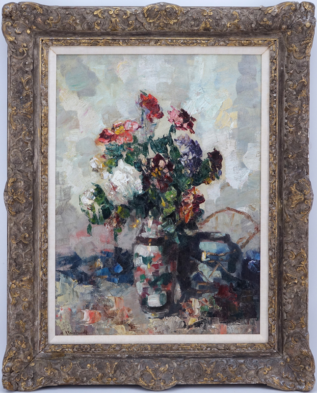 Marie Weger Kleinbardt, American/Swiss (1882 - 1980) Oil on Masonite "Still Life Of Flowers". 