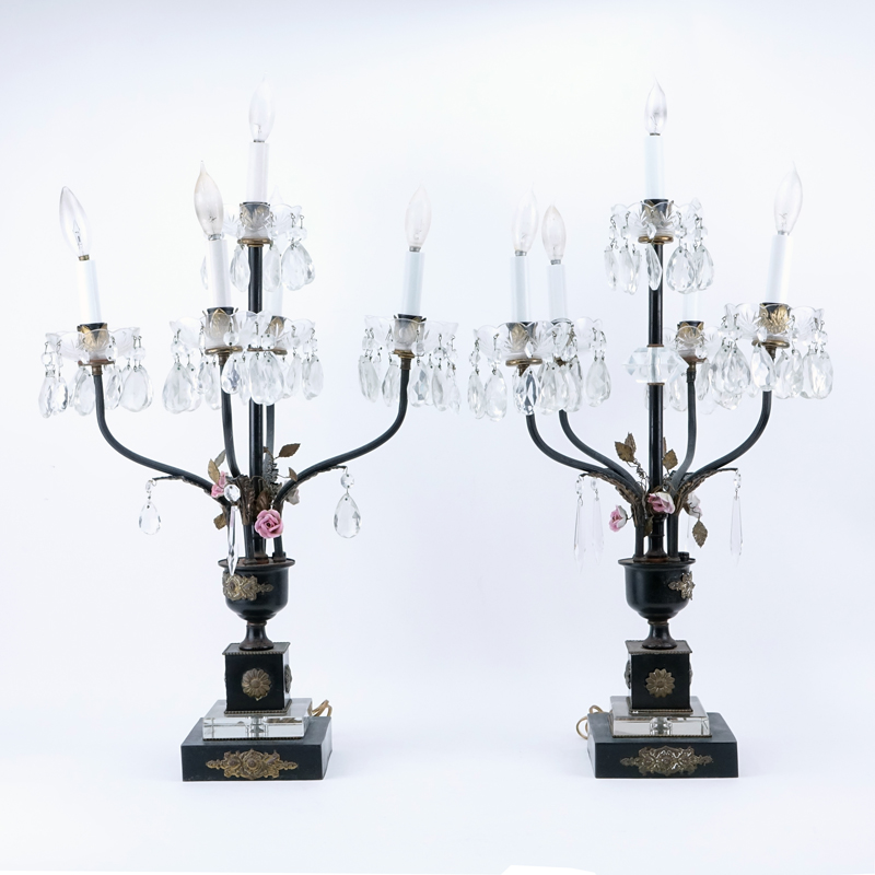 Pair of Empire Style Tole and Gilt Metal 4 Light Candelabra Lamps.