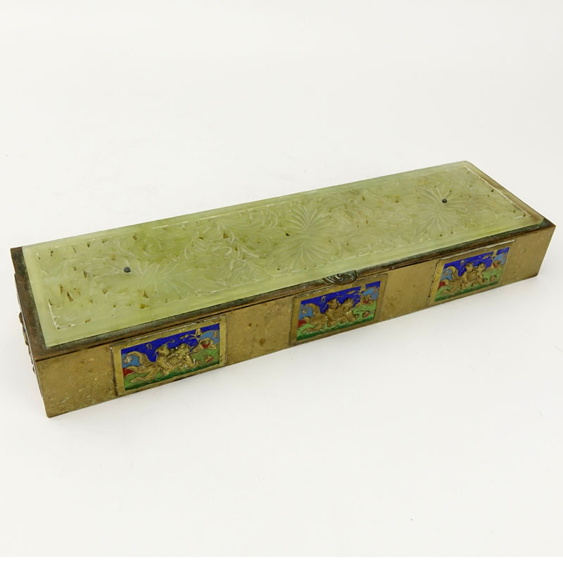 Antique Chinese Brass and Enamel Box with Carved Jade Top.