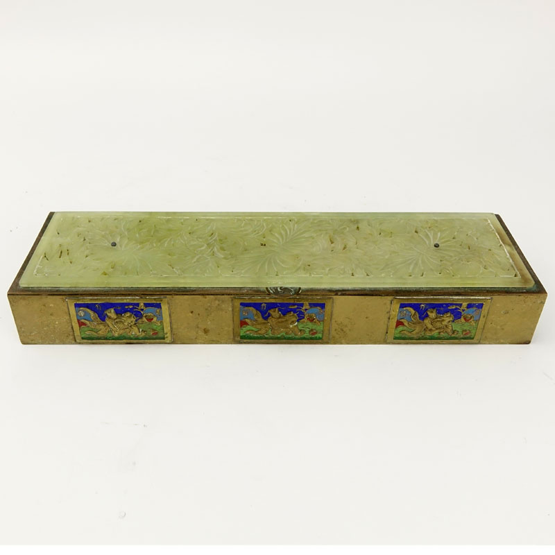 Antique Chinese Brass and Enamel Box with Carved Jade Top.