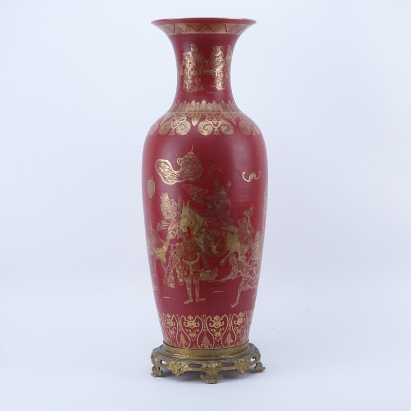 Large Chinese Coral Glaze and Gilt Porcelain Export Vase on Art Deco Gilt Base.