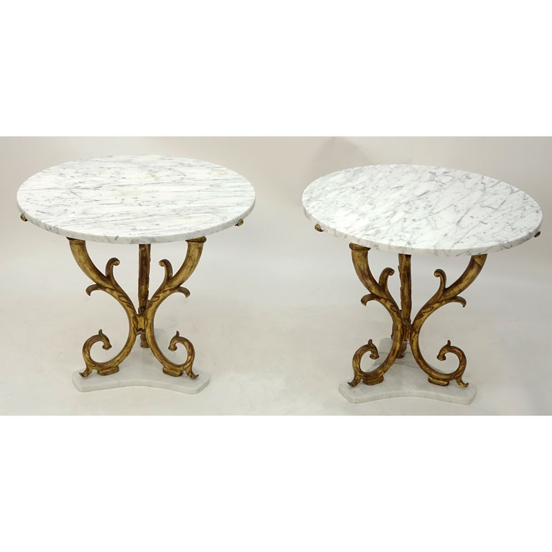 Pair of Mid Century Italian Gilt Metal and Marble Top End Tables.