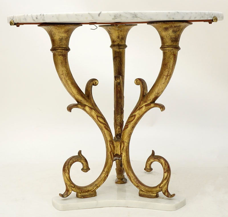 Pair of Mid Century Italian Gilt Metal and Marble Top End Tables.