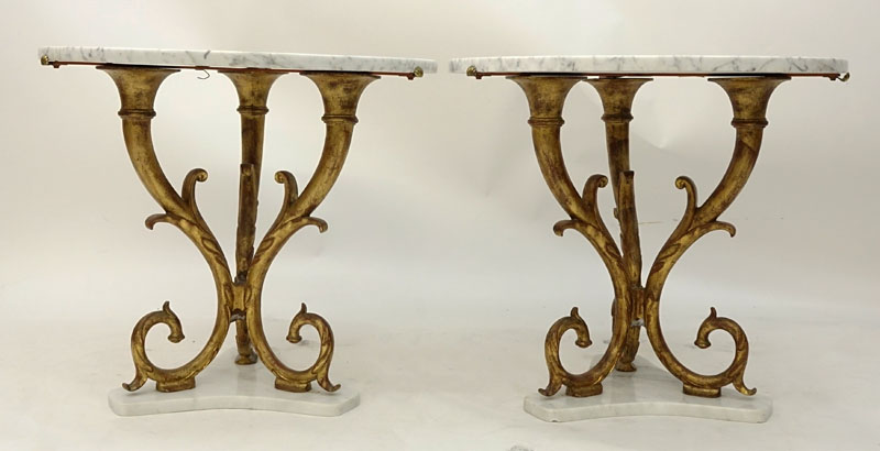 Pair of Mid Century Italian Gilt Metal and Marble Top End Tables.