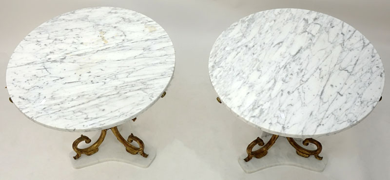 Pair of Mid Century Italian Gilt Metal and Marble Top End Tables.