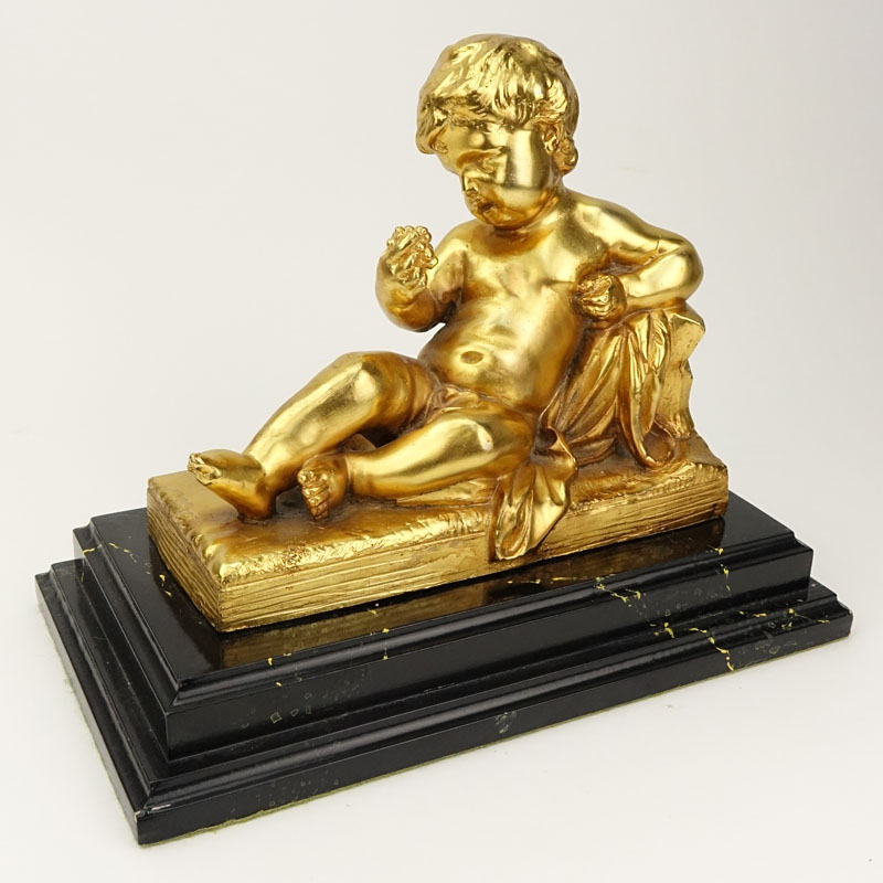 After: Michel Claude Clodion, French (1738-1814) Gilt Bronze Putti Bacchus Sculpture on Wooden Base. 