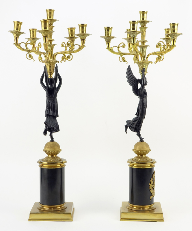 Pair of Empire Style Parcel Gilt Bronze Five Arm Candelabra.