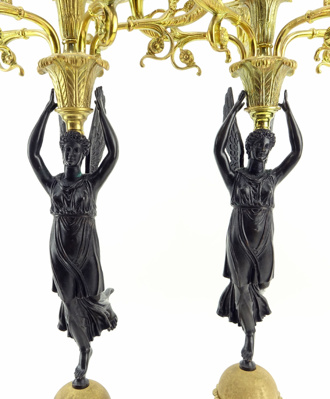 Pair of Empire Style Parcel Gilt Bronze Five Arm Candelabra.