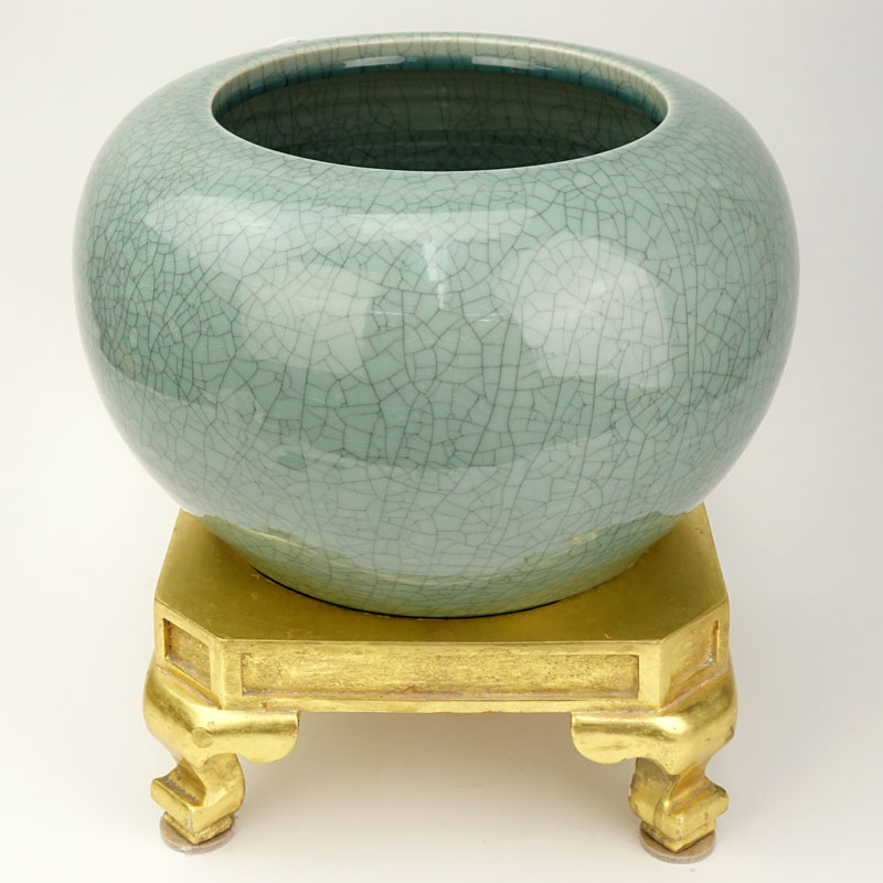 Modern Oriental Style Celadon Porcelain Jardinière on Gilt Stand.