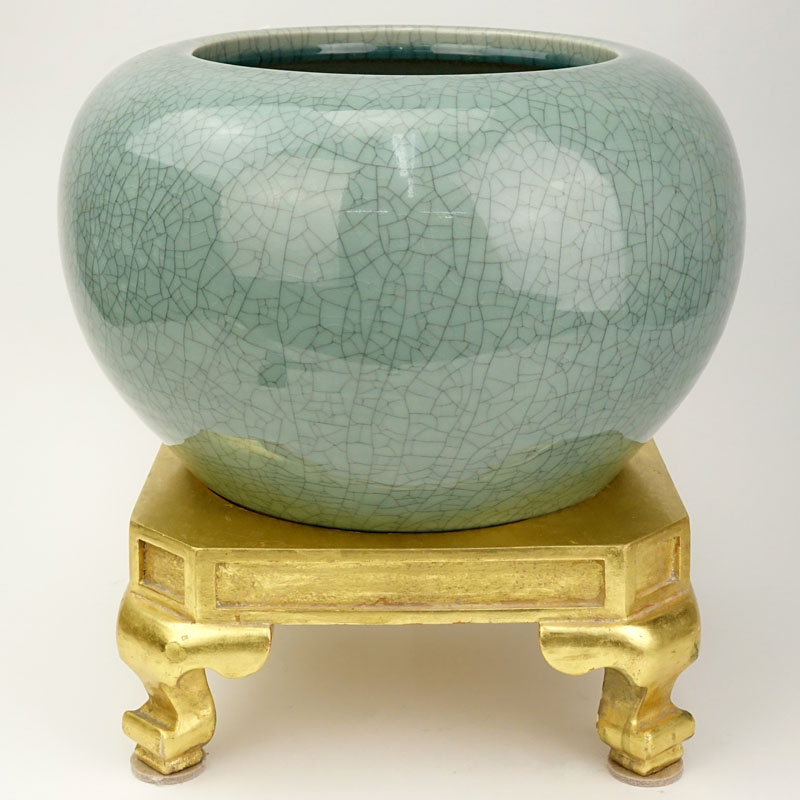 Modern Oriental Style Celadon Porcelain Jardinière on Gilt Stand.