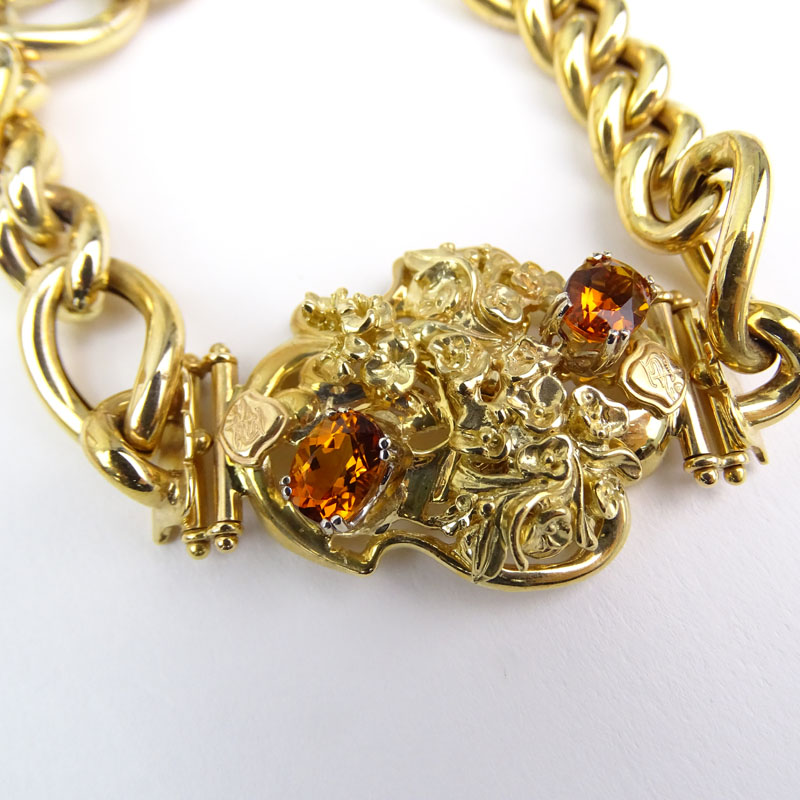 Vintage Italian Art Nouveau style 14 Karat Yellow Gold and Briolette Cut Citrine Pendant Necklace and Bracelet with Oval Cut Citrines.