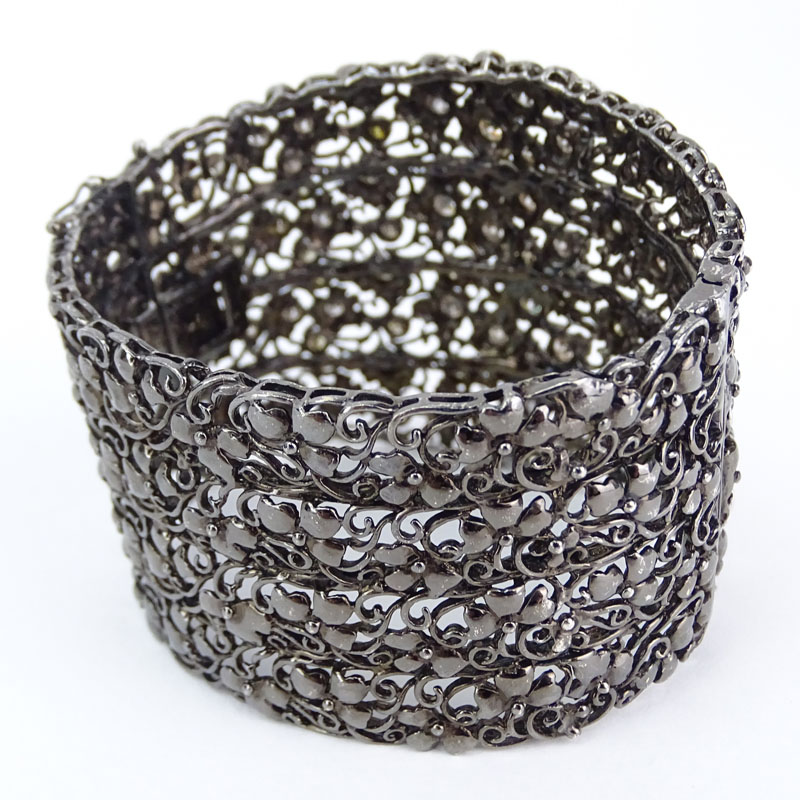 Large Approx. 10.0 Carat Multi Color Fancy Diamond and Blackened 18 Karat White Gold Cuff Bangle Bracelet.