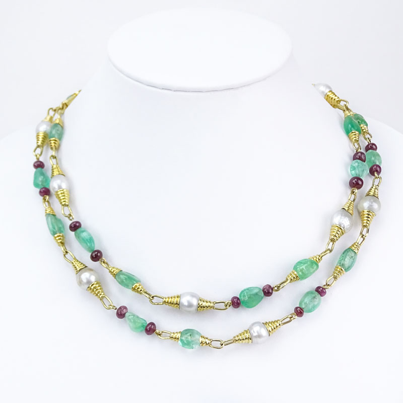 Vintage David Webb Approx. 145.0 Carat Emerald, 35.0 Carat Ruby, Twelve (12) South Sea Baroque Pearl and 18 Karat Yellow Gold Beaded Necklace. 