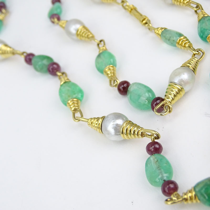 Vintage David Webb Approx. 145.0 Carat Emerald, 35.0 Carat Ruby, Twelve (12) South Sea Baroque Pearl and 18 Karat Yellow Gold Beaded Necklace. 