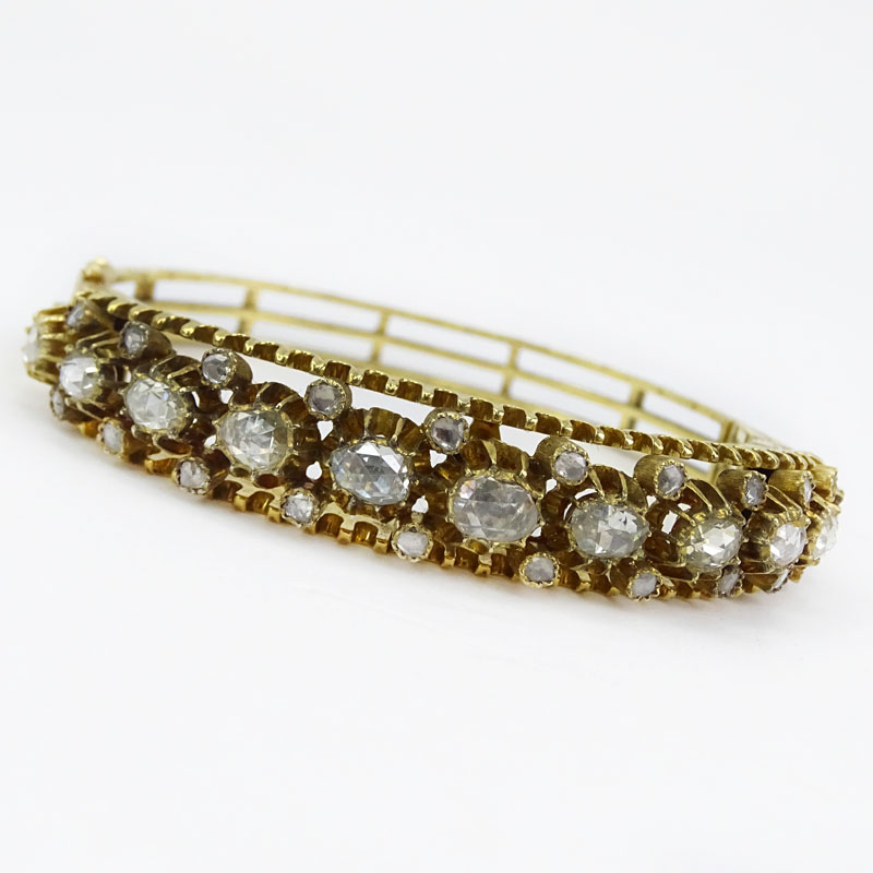 Approx. 6.50 Carat Rose Cut Diamond and 18 Karat Yellow Gold Hinged Bangle Bracelet.