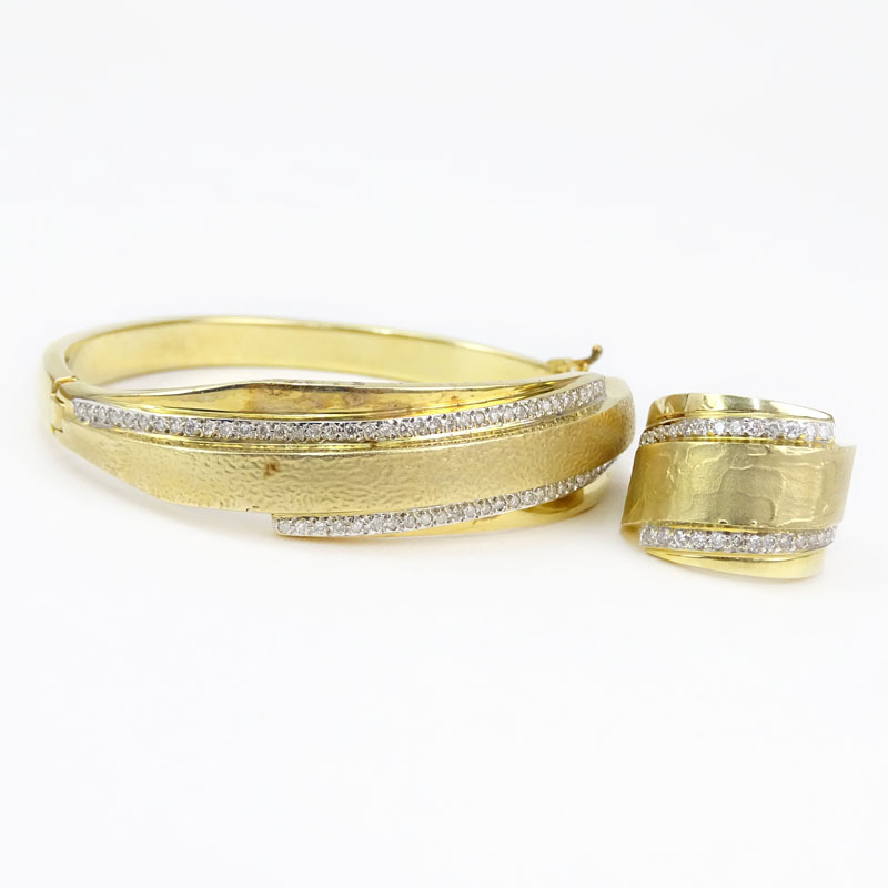 Vintage Israeli Diamond and 14 Karat Yellow Gold Hinged Bangle Bracelet and Ring Suite.