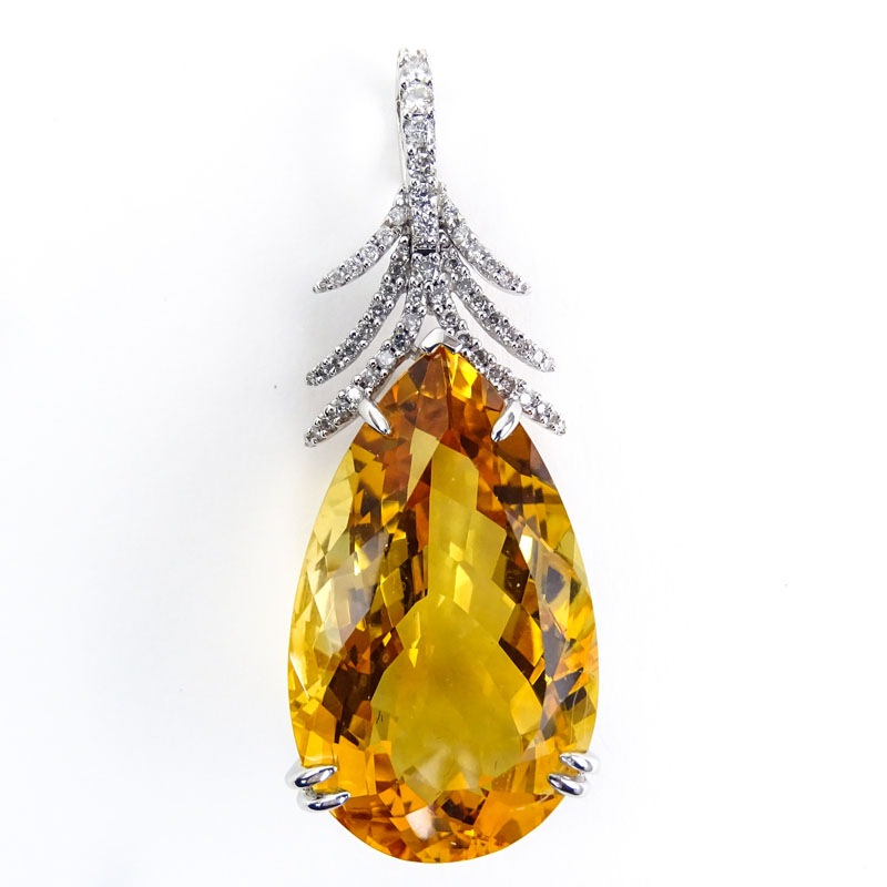 Large Pear Shape Citrine, Diamond and 14 Karat White Gold Pendant. 