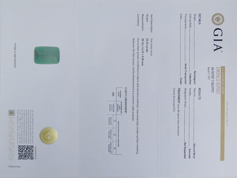 GIA Certified 25.59 Carat Sugarloaf Cabochon Emerald, Approx. 3.70 Carat Pave Set Diamond and 18 Karat White Gold Ring. 