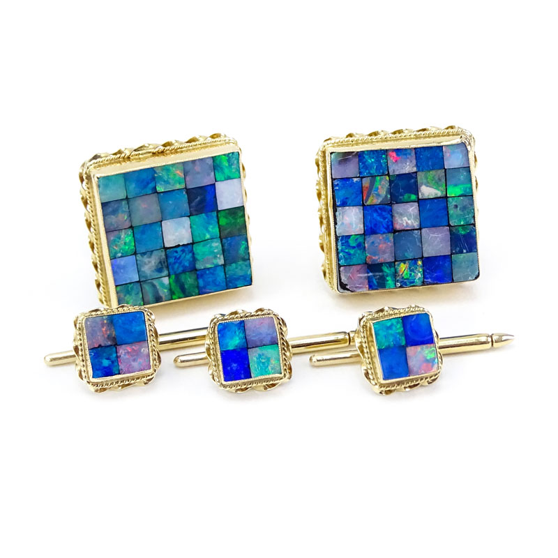 Man's Vintage Mosaic Opal and 14 Karat Yellow Gold Five (5) Piece Dress Shirt Set Including Cufflinks and Shirt Studs.